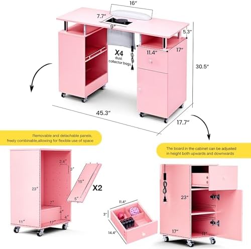 Manicure Table Nail Desk with Dust Collector & Wheels (Pink) - Image 3