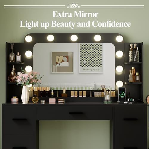 JUMMICO Makeup Vanity Desk with Large Mirror and Lights, Vanity with Power Strip and Hairdryer Holder, 6 Open Shelves and 7 Drawers Modern Dressing Table, for Bedroom (Black) - Image 4
