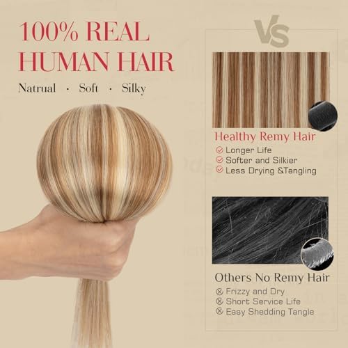Rich Choices Real Human Hair Clip In Extensions-6 Pcs Single Clip Design-Invisible Clip in Extensions for Thin Hair-Hairpieces for Women/Men-22 Inches #6P613R Light Brown Highlight Bleach Blonde - Image 4