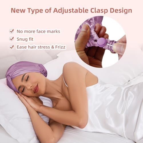 Adjustable Silk Satin Hair Bonnet for Sleeping Women, Double Layer, Silk Hair Wrap for Sleeping Women Men, Curly Natural Braid Straight Unisex - Lavender - Image 2