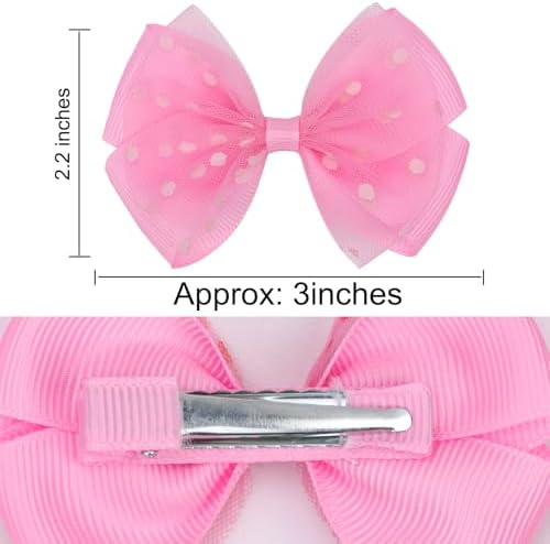 Tiny 3 Inch Dot Organza Double Hair Bow Clips - Cute Lined Boutique Alligator Hairpin for Girls, Toddlers, and Little Teens - Kids Barrettes Set of 2 Small Stylish (Hot Pink) - Image 4