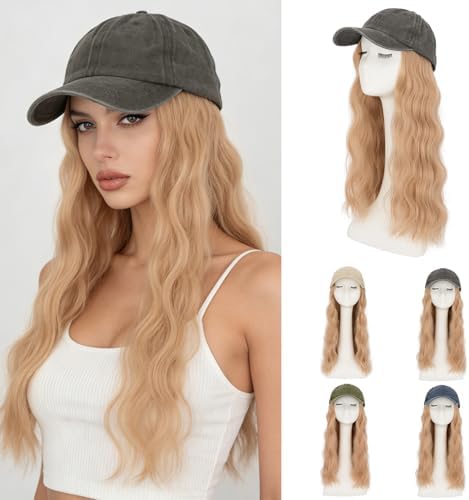 Rich Choices Hat Wigs for Women,Dark Gray Baseball Cap with Hair Extensions for Women,Caps with Wavy Curly Synthetic Long Hair Attached Adjustable Baseball Cap Wig 18 Inch Light Blonde Hair by RichChoices