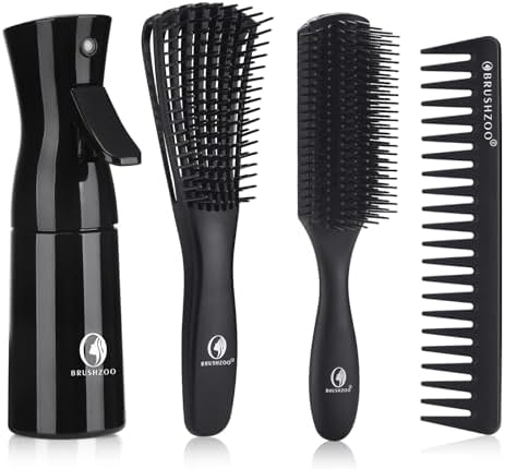 BRUSHZOO Hair Brush Set for Women, Men, and Kids - Detangling Brushes for Curly and Natural 3/4abc Hair, Wide Tooth Comb, Detangler Brush, and Hair Spray Bottle by Brushzoo