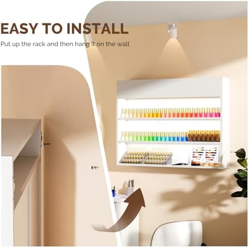 OmySalon Wall Mounted Display Rack, 47.6-Inch 3-Tier LED Nail Polish Organizer Shelf with USB Touch Control, for Nail Salon, Spa, Beauty Studio Storage, Wooden Retail Display (White) - Image 6