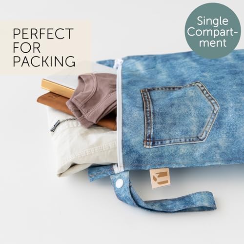 Bumkins Roamio Waterproof Wet Bag for Baby, Travel, Swim Suit, Cloth Diapers, Pump Parts, Pool, Beach, Gym Clothes, Toiletry, Hook to Stroller, Daycare, Zipper Wetdry Packing Pouch, Faux Pocket Denim - Image 2