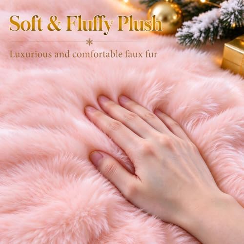 59 Inch Pink Christmas Tree Skirt, Soft Faux Wool Round Base Cover - Image 2