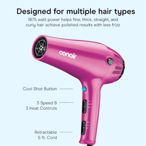 Conair Hair Dryer with Diffuser and Concentrator, 1875W, Pink - Image 4
