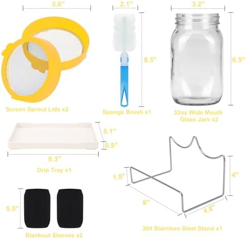 Lulonpon Sprouting Kit, 2 Sprouting Jar Kits, Wide Mouth Quart Mason Jars with Stainless Steel Screen Sprout Lids,1000ml Sprouts Growing Kit, Seed Sprouter Set for Growing Broccoli, Bean, Alfalfa - Image 3