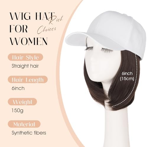 Rich Choices Hat Wigs for Women,White Baseball Cap with Hair Extensions for Women,Short Bob Hairstyle Caps with Straight Synthetic Hair Attached Adjustable Baseball Cap Wig 6 Inch-Dark Brown Hair - Image 2