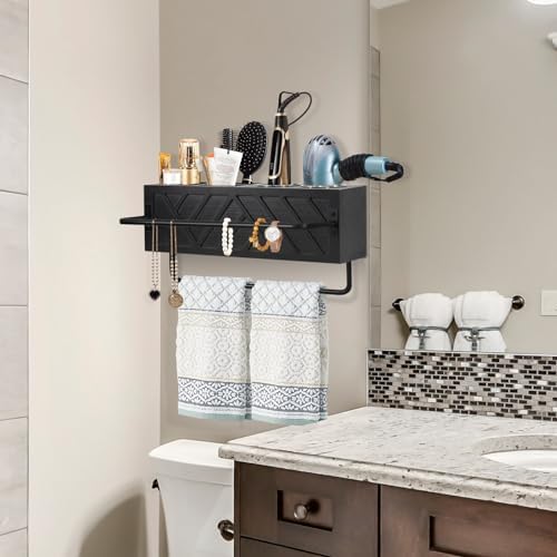 Hair Tool Organizer Wall Mount With 2 Towel Bars, Wood Hot Tools Holder, Rustic Bathroom Blow Dryer Holder For Decor, Flat Iron, Curling Wand, Brushes (Black) - Image 3