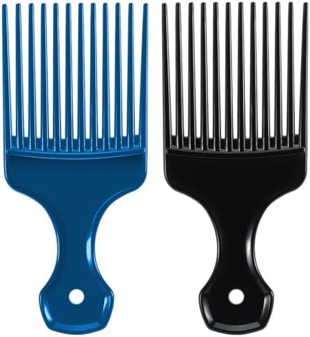 SIMPOR 2 Pcs Hair Pick Comb Wide Tooth Lift for Hair Styling Detangling, Plastic Afro Pick for Women Men, Fist Picks for Curly and Afro Hair (Metallic Blue, Black) by SIMPOR