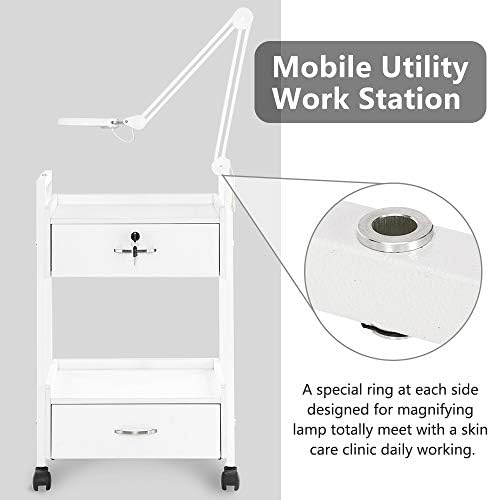 Salon Trolley Cart for Beauty SPA, Wooden Rolling Storage Station, White Mobile Utility Cabinet with 2 Drawers 1 Lockable, Medical Esthetic Supply Holder for Massage Tattoo Facials - Image 3