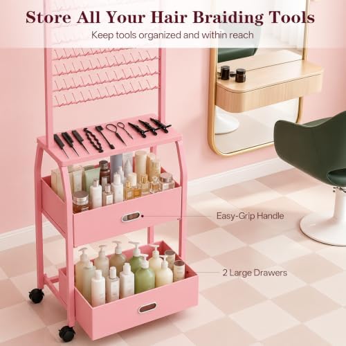 Portable Braiding Hair Rack with Wheels & Storage Drawers,2-Sided 288 Pegs,Hair Extension Holder Hanger for Braiding Hair Separator Stand Display,Hair Rack with Stylist Hair braiding Tools（Pink） - Image 6