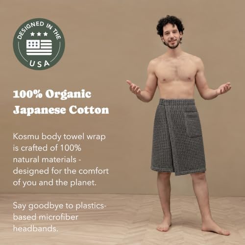 Luxury Organic Japanese Cotton Waffle Body Towel Wrap for Men | Sauna, Spa, Onsen, Shower Towel with Adjustable Snap Closure and Pocket | Ultra Plush 450 GSM (Smoke, L/XL) - Image 3