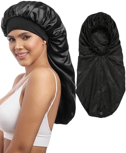 AWAYTR 2-Layer Satin Bonnet for Braids, Wide Band Long Sleep Cap Black by AWAYTR