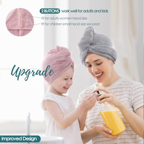 Microfiber Hair Drying Towels for Women 2 Pack w/ Secured Button,Grey+Strip - Image 2