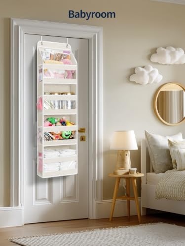 Yecaye 5 Tier Over the Door Organizer, Swing-proof Door Organizer Hanging with Clear PVC Windows, Behind the Door Storage for Bedroom Nursery Closet Laundry Pantry Bathroom, Cream White - Image 3