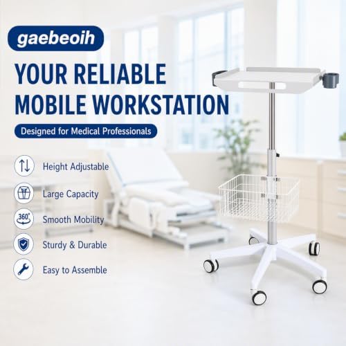 Medical Mobile Cart, 33.46-43.71in Height Adjustable Metal Trolley Cart with Medical Tray Wheels Rolling Equipment Large Tabletop & Storage Basket for Laptop Hospitals Scanner Ultrasound EKG - Image 2
