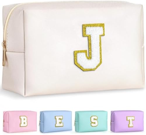 TOPEAST Birthday Gifts for Girls, Travel Makeup Bag Chenille Letter Pouch Cosmetic Bag, Makeup Travel Organizer, Monogrammed Bridesmaid Gifts for Women, Cute Stuff for Girls (White J) by TOPEAST