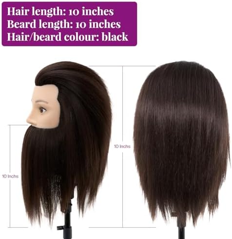 Male Mannequin Head with Hair & Beard, 10" Barber Practice Head Cosmetology Training Manikin Head Doll for Hair Styling Cutting & Beard Trimming with Clamp (Black) - Image 4