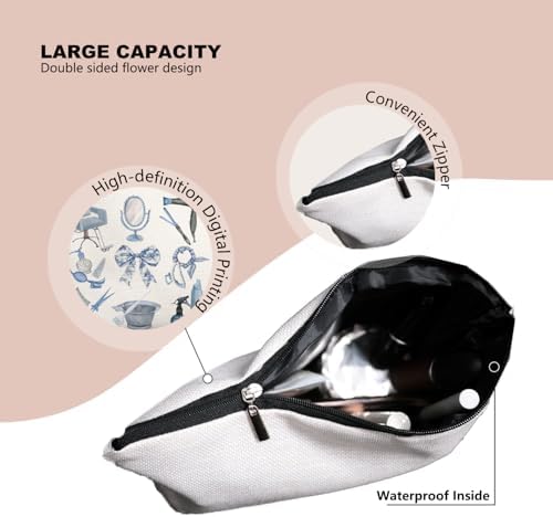 Blue Chinoiserie Bow Hairstylist Makeup Bag, Cosmetology Student Gift for Women, Cute Hairdresser Travel Pouch, Aesthetic Blue Toile Salon Organizer for Teen Girls, 7.5 x 10 in - Image 3