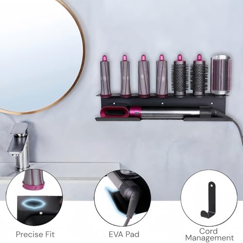 Dyson Airwrap Holder, Aluminum Alloy Dyson Airwrap Wall Mount with 7 Custom Slots&Cable Hook for Bathroom Salon Adhesive/Screw Black PTALSEAW - Image 6