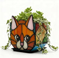 Star Orange Cat Planter, Stained Glass Flower Pot, Art Deco Style, Indoor Plant Container with Drainage Hole, 4.6x3x5.15 Inches by Entlityful