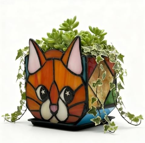Star Orange Cat Planter, Stained Glass Flower Pot, Art Deco Style, Indoor Plant Container with Drainage Hole, 4.6x3x5.15 Inches by Entlityful