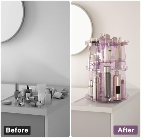 Rotating Makeup Organizer, DIY 8 Adjustable Layers Spinning Skincare Storage, Cosmetic Display Case with Brush Holder and Perfume Tray, Multi-Function Vanity Bathroom Countertop Organizer Clear Purple - Image 5
