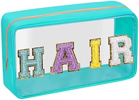 Iqimott Clear Patch Makeup Bag Hair Pouch, Preppy Personalized Chenille Letter Cosmetic Pouch for Travel, Nylon Waterproof Organizer Travel Essentials Zipper Toiletry Bags for Women Girls(Green) by Iqimott