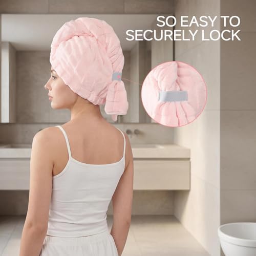 REDKISS 2 Pack Microfiber Hair Towel Wrap for Women, Super Absorbent Quick Dry Hair Turban for Thick Long Curly Hair, Large Stay-Put Anti-Frizz Hair Drying Towels, Pink Blue Gray - Image 6