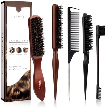 5pcs/Set Boar Bristle Slick Back Hair Brush & Comb Set - Edge Control Styling Kit for Slick Back, Teasing, Smoothing, Detangling, and Adding Volume - Suitable for Curly, Normal, and Wavy Hair Types by Unknown