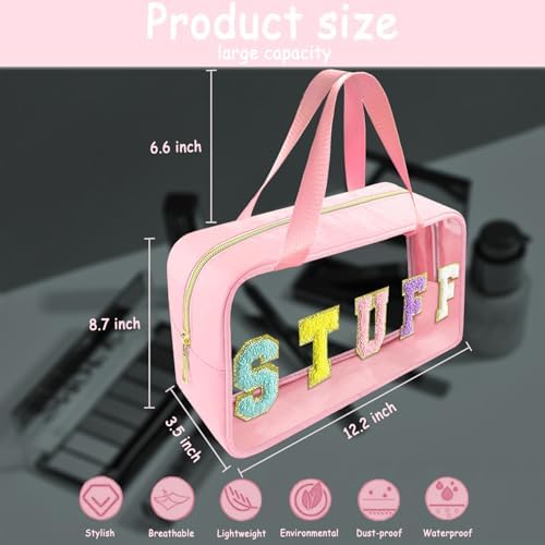 Bunliuys Chenille Letter Clear Makeup Bag Stuff Patch, Travel Toiletry Makeup Bag with Handle, Nylon Waterproof Makeup Bags clear cosmetic bag, preppy patch makeup bag for Women (STUFF-Pink) - Image 2