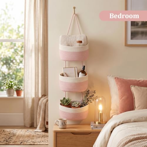 TeoKJ Over the Door Hanging Storage Basket 3 Tier Wall Organizer White&Pink - Image 6