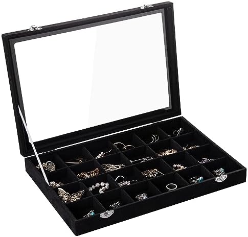 Frebeauty 24 Grid Earring Organizer,Velvet Jewelry Tray with Clear Lid by Frebeauty