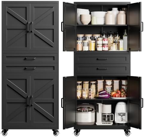 Yizosh 73" Black Mobile Metal Kitchen Pantry Storage Cabinet with 2 Drawers by Yizosh