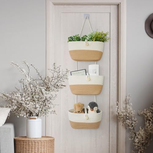 TeoKJ Over the Door Hanging Baskets with Wooden Button, 3-Tier Wall-Mounted Decorative Nursery Kitchen Baskets, White & Jute - Image 5
