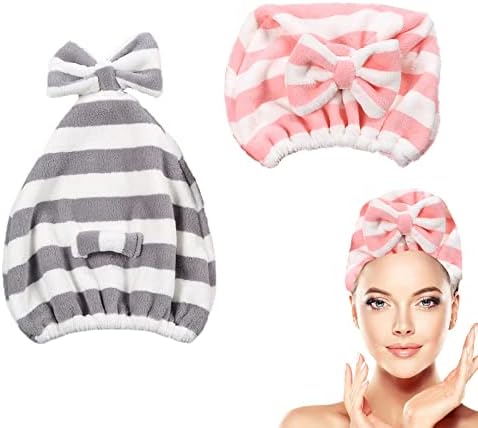 Large Microfiber Hair Towel Cap,Rapid Drying Towel For Hair,Ultra Soft Super Absorbent Hair Drying Towel Turban,Cute Gray&Pink Bow Hair Towel Wrap,Hair Drying Towels For Women Fast Dry(2pack) by SHxxyljh