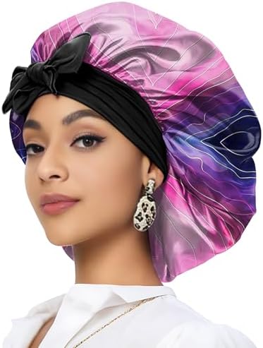 Satin Hair Braid Bonnet for Sleeping Double Layer Elastic Wide Soft Tie Band Hair Silk Lined Sleep Cap Women Girls by Deokke