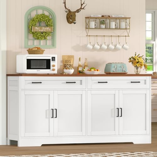 usikey 63" Buffet Cabinet with Storage, Sideboard Cabinet with 2 Adjustable Shelves and 4 Doors, Modern Farmhouse Coffee Bar Cabinet for Kitchen, Living Room, White - Image 2