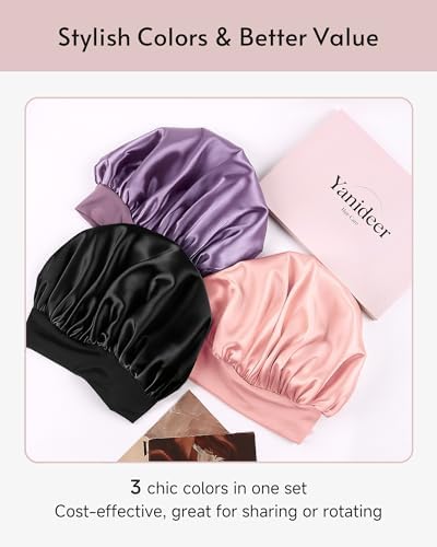 Yanideer 3 Pcs Satin Bonnet for Sleeping Double Layer Hair Bonnets for Women with Elastic Band - Image 7