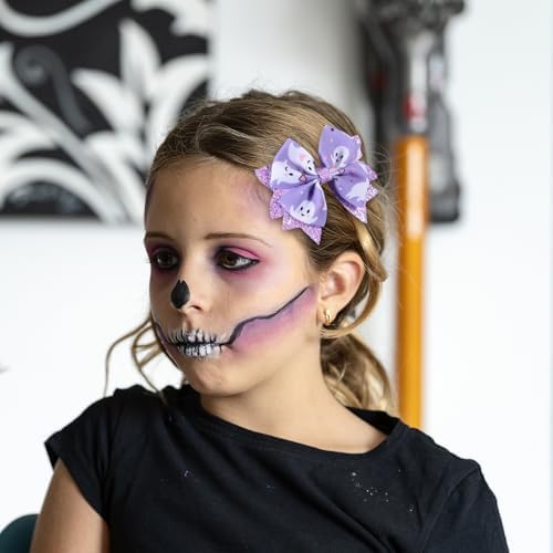 Glitter Halloween Hair Bows for Girls,2 Pack 3.5in Purple Ghost Print Grosgrain Ribbon Bow Clips Alligator Pins for Toddler Kids Teens Women Trick or Treat Gift Party Wear Dress Accessory - Image 3