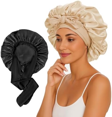 2 Pcs Large Satin Silk Bonnet for Sleeping Women, Adjustable Hair Bonnets with Tie Band, Silk Bonnet Sleep Cap for All Hair by KEPUWAY