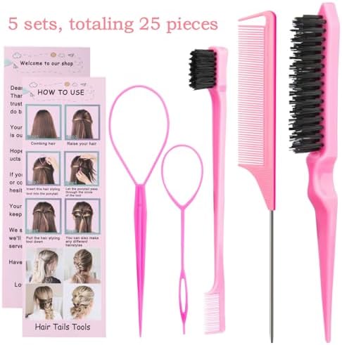 25Pcs Hair Styling Combs Set Include 10 Pcs Topsy Hair Tail Tools 5pcs Rat Tail Comb,5 Bristle Teasing Slick Back hair Brush,5 Edge Control Brush,Eyebrow Brush for Woman Girl Pink - Image 2