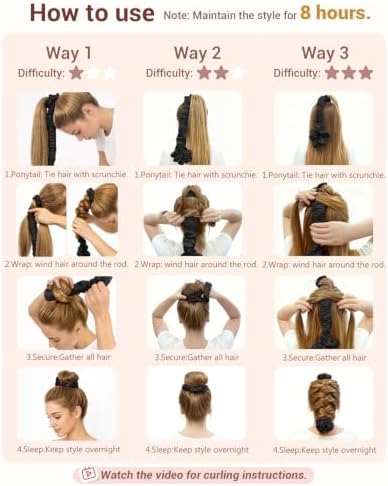 BONNET QUEEN Large Satin Heatless Hair Curler for Long Thick Hair, All-in-One Overnight Curling Rod, Heatless Curls Bun with Built-in Scrunchies, Day-to-Night Styling for Sleep, Travel & Gym, Black - Image 4