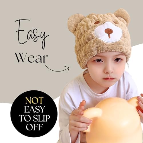 Microfiber Hair Towel Wrap for Kids, Brown Bear Toddler Quick Dry Cap - Image 2