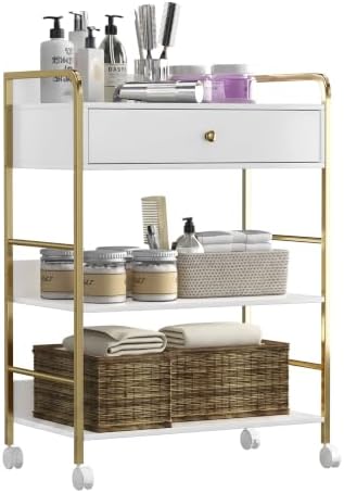 Salon Rolling Trolley with Lockable Wheels Barber Cart with Storage Drawer Mobile Hair Station Cabinet for Beauty Makeup Esthetician Spa Massage (White+one Drawer+Two Shelves) by NacheskidsFurniture