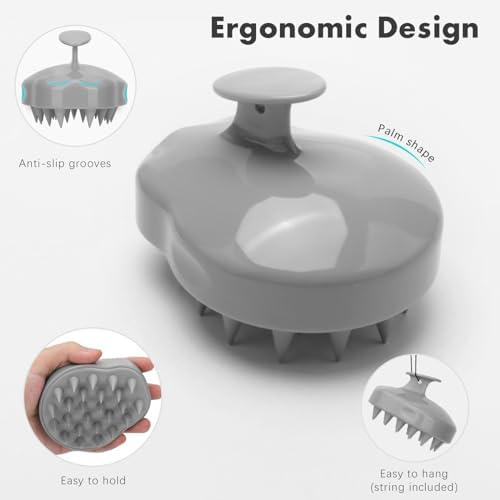 FREATECH Massager Shampoo Brush with Soft Silicone Bristles for Scalp Care, Shower Hair Scalp Scrubber Exfoliator for Dandruff Removal and Hair Growth, Wet & Dry for Men, Women and Kids, Grey - Image 2