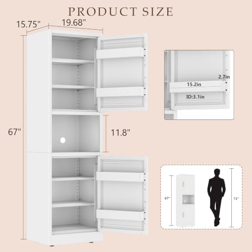 Tall Metal Narrow Storage Cabinet 67" H with 4 Adjustable Shelves and 2 Doors, White Pantry Cabinets with 4 Door Storage Compartment,Tall Bathroom Cabinet for Kitchen, Home Office, Living Dining Room - Image 2