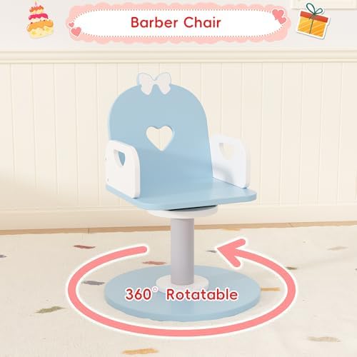 Wooden Kids Vanity Table and Chair Set with Light and Mirror, Princess Makeup Vanity Desk with Barber Chair and Rolling Cart, Pretend Hair Salon Play Set, Toddler Vanity Set for Girls, Blue - Image 5